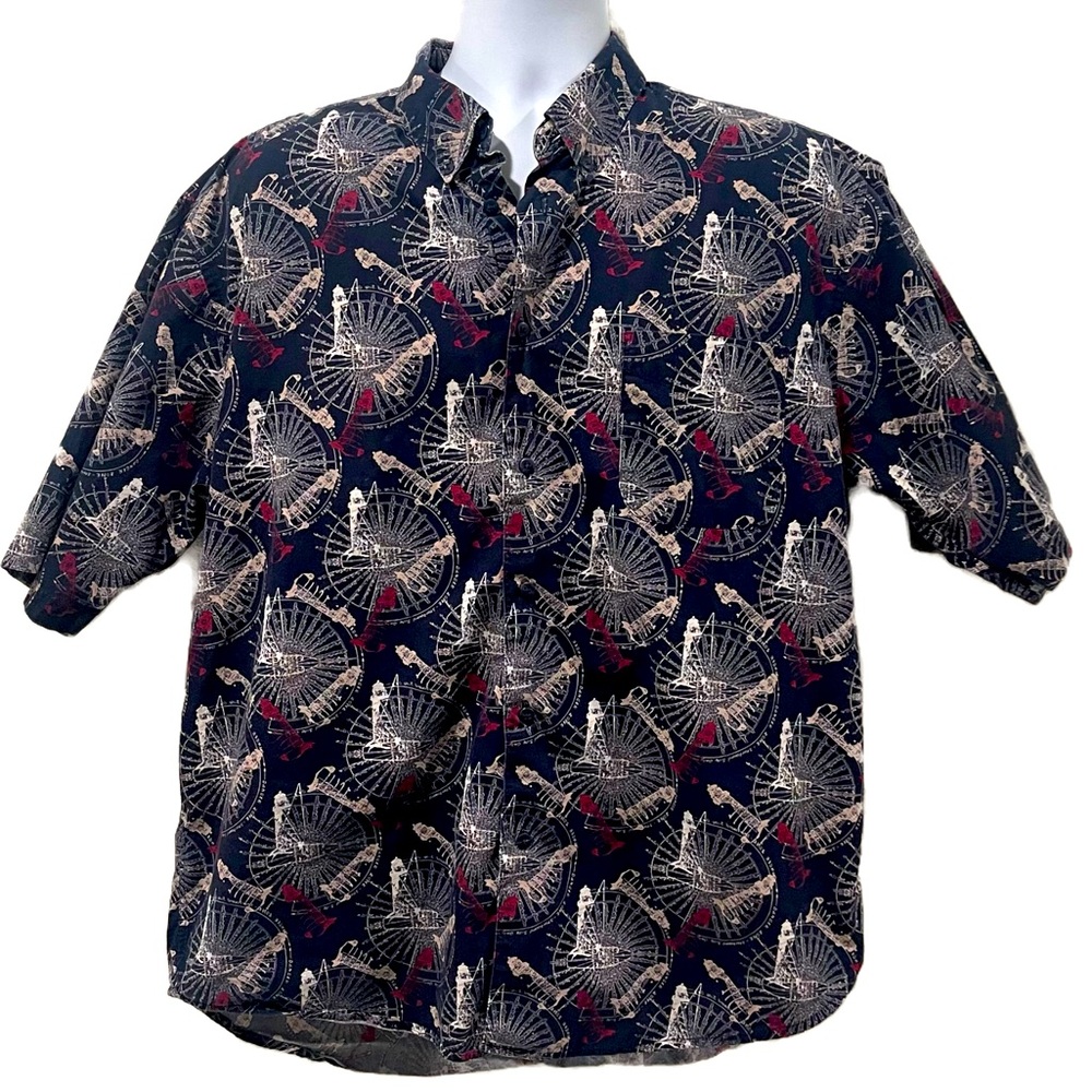 Consensus Men’s Short Sleeve Button Up Nautical Lighthouse Navy | Sz XL